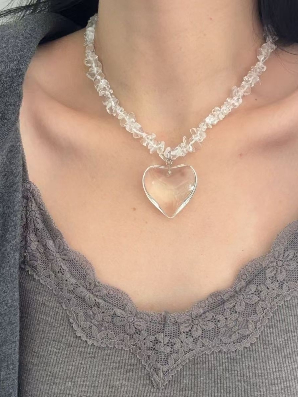 Y2K Clear Crystal Chip Bead Choker, Big Transparent Heart Pendant Necklace